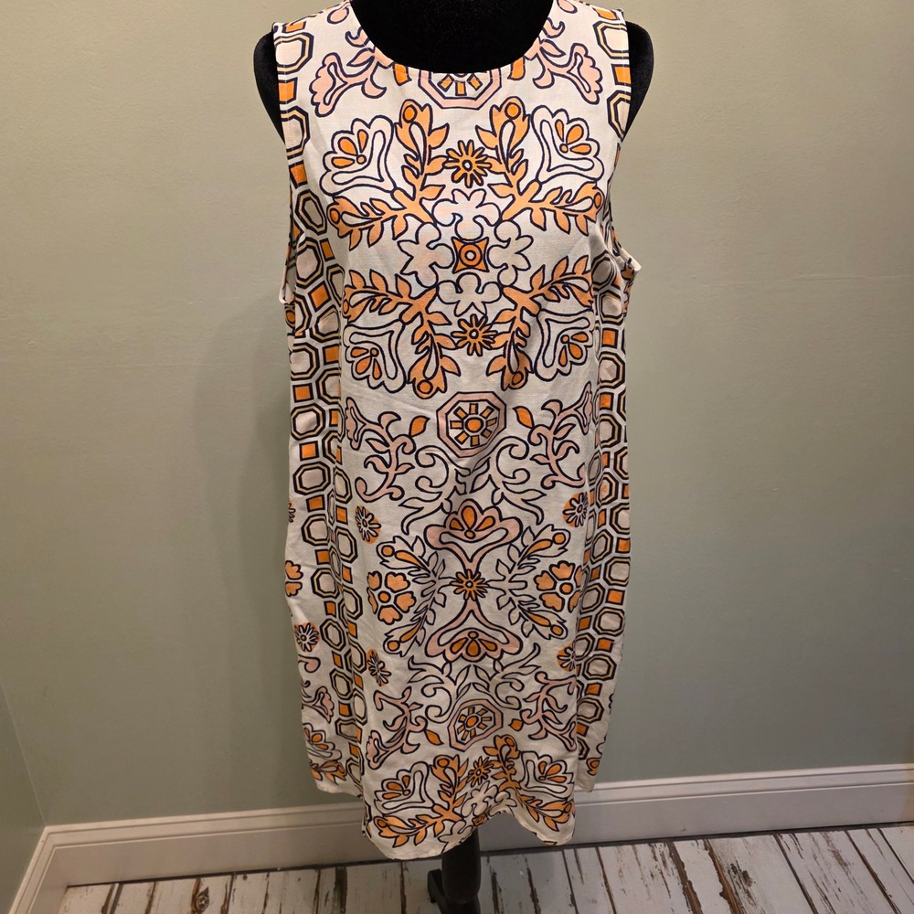 Tory Burch Orange Navy Floral Geometric Medallion Linen Shift Dress XL